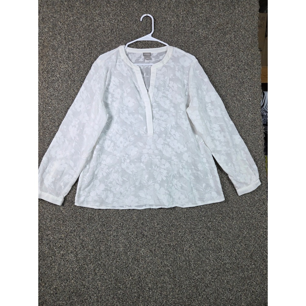 Chico's Long Sleeve Top Women Size 2 White Floral Embroidered Split Neck Tunic